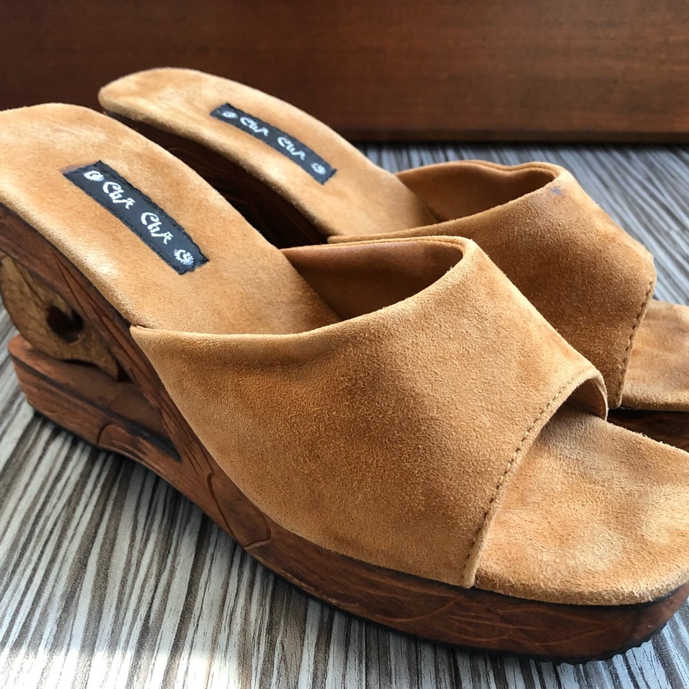 Vintage CHA CHA Boho Carved Wood Fish Platform Wedge Leather Slide Sandal Sz 8